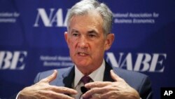 Federal Reserve Chairman Jerome Powell speaks at the annual meeting of the National Association for Business Economics in Boston, Oct. 2, 2018. 