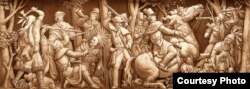 This frieze, which appears in the U.S. Capitol Building in Washington, D.C., depicts the killing of Tecumseh by American forces. Courtesy, Architect of the Capitol.