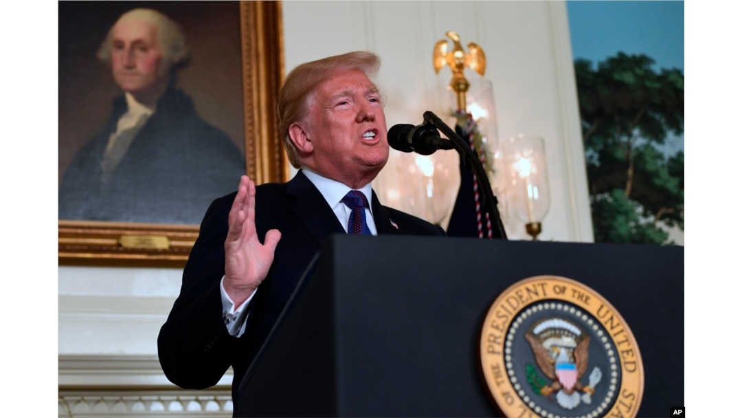President Donald Trump speaks in the Diplomatic Reception Room of the White House, April 13, 2018, in Washington, about the United States' military response to Syria's chemical weapon attack on April 7.