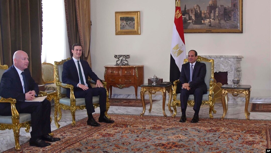 In this June 21, 2018, photo, provided by Egypt's state news agency, MENA, Egyptian President Abdel-Fattah el-Sissi, center, meets with President Donald Trump's son-in-law and senior adviser Jared Kushner, second left, and Middle East envoy Jason Greenbla