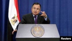 File - Egypt's Foreign Minister Nabil Fahmy during a news conference in the West Bank city of Ramallah. 