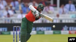 FILE - Bangladesh's Shakib Al Hasan plays a shot during the 2019 Cricket World Cup group stage match between Pakistan and Bangladesh at Lord's Cricket Ground in London, Britain, July 5, 2019. 