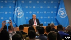 Sekretari i Përgjithshëm i OKB-së António Guterres gjatë një konference për shtypin në Nju Jork - 18 shtator 2024.