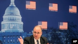 FILE - Marshall Billingslea, U.S. President Donald Trump's special envoy for arms control on talks with Russia's Deputy Foreign Minister Sergei Ryabkov on nuclear arms control, speaks to the press in Vienna, Austria, June 23, 2020.