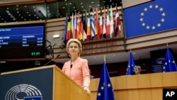 European Commission President Ursula von der Leyen addresses the plenary during her first State of the Union speech at the European Parliament in Brussels, Belgium, Sept. 16, 2020.