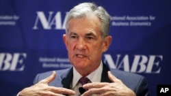 Federal Reserve Chairman Jerome Powell speaks at the annual meeting of the National Association for Business Economics in Boston, Oct. 2, 2018. 