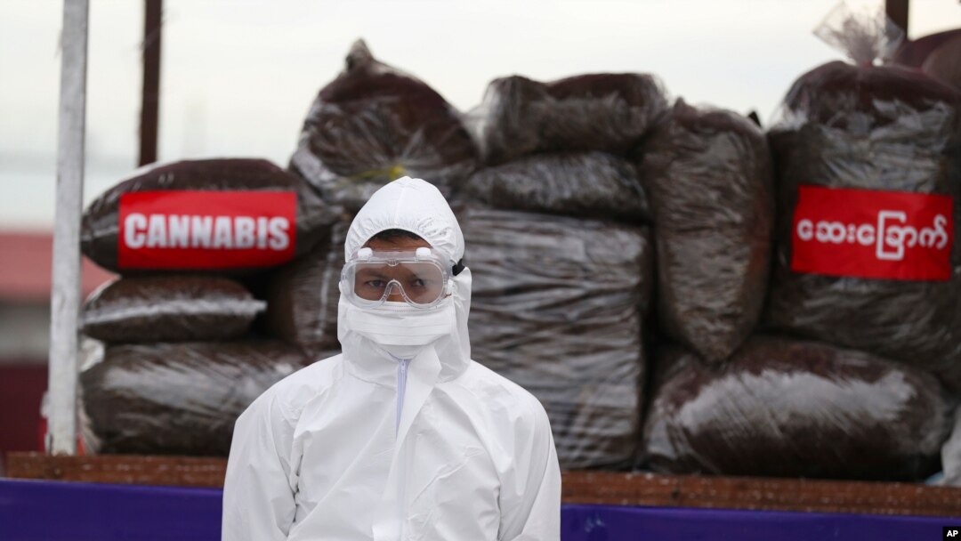 Seorang polisi yang mengenakan alat pelindung diri berdiri di depan obat-obatan terlarang yang disita sebelum dibakar dalam upacara penghancuran untuk memperingati Hari Internasional Menentang Penyalahgunaan Narkoba dan Perdagangan Ilegal di luar Yangon, Myanmar. (Foto: AP)