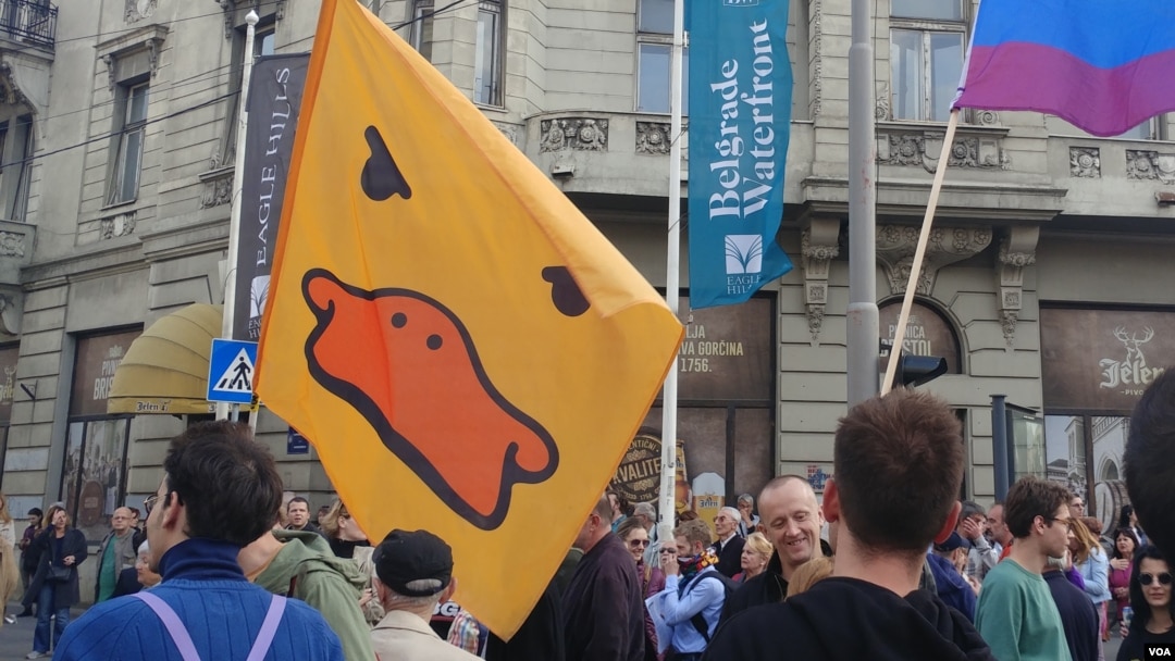 Žuta patkica, neformalni simbol Inicijative "Ne davimo Beograd", tokom jednog od protesnih skupova zbog nelegalnog rušenja objekata u Hercegovačkoj ulici u beogradskoj Savamali, u Beogradu, 24. aprila 2019. (Foto: Veljko Popović).