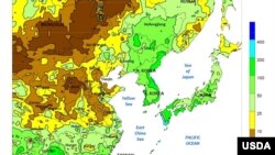 농무부가 15일 발표한 '주간 날씨와 작황' 보고서에서 9월 6일에서 12일 한반도 강수량 예측치를 공개했다. 자료 제공: USDA 보고서 캡처 NOAA 