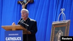 FILE - Catholic Bishop Joseph Strickland of Tyler, Texas, speaks during a rally to protest the Los Angeles Dodgers honoring a pro-LGBTQ+ group at Dodger Stadium in Los Angeles, California, on June 16, 2023. Pope Francis forcibly removed Strickland from office on Nov. 11.