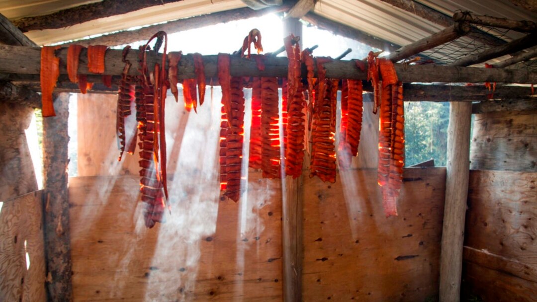 Salmon hangs on a drying rack at a fish camp in Fort Yukon, Alaska, in this undated photo provided by the Tanana Chiefs Conference.
