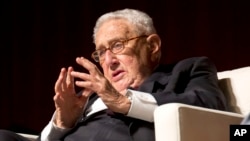 FILE - Former U.S. Secretary of State aHenry Kissinger speaks at the LBJ Presidential Library in Austin, Texas, April 26, 2016.