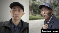 武汉新冠肺炎难属张海（左），去年2月感染新冠病毒去世的父亲张立发