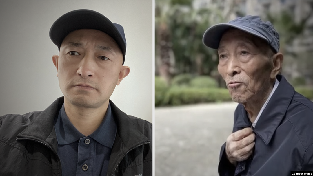 武漢新冠肺炎難屬張海（左），去年2月感染新冠病毒去世的父親張立發