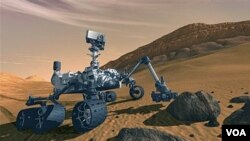 Sketsa gambar dengan komputer, MSL Rover NASA yang bernama 'Curiosity' yang direncanakan akan mendarat di kawah Gale, planet Mars.