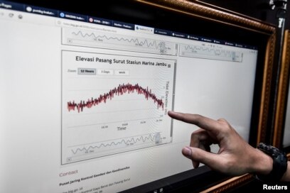 Petugas Badan Meteorologi, Klimatologi dan Geofisika (BMKG) sedang memperhatikan grafik peningkatan gelombang pasang menyusul tsunami yang menerjang Selat Sunda di Pelabuhan merak, Banten, 24 Desember 2018. (Foto: Antara Foto/Muhammad Adimaja/ via Reuters)