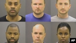 Baltimore police officers charged in Freddie Gray's death, top row from left, Caesar Goodson Jr., Garrett Miller and Edward Nero, and bottom row from left, William Porter, Brian Rice and Alicia White.
