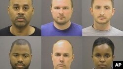 Baltimore police officers charged in Freddie Gray's death, top row from left, Caesar Goodson Jr., Garrett Miller and Edward Nero, and bottom row from left, William Porter, Brian Rice and Alicia White.