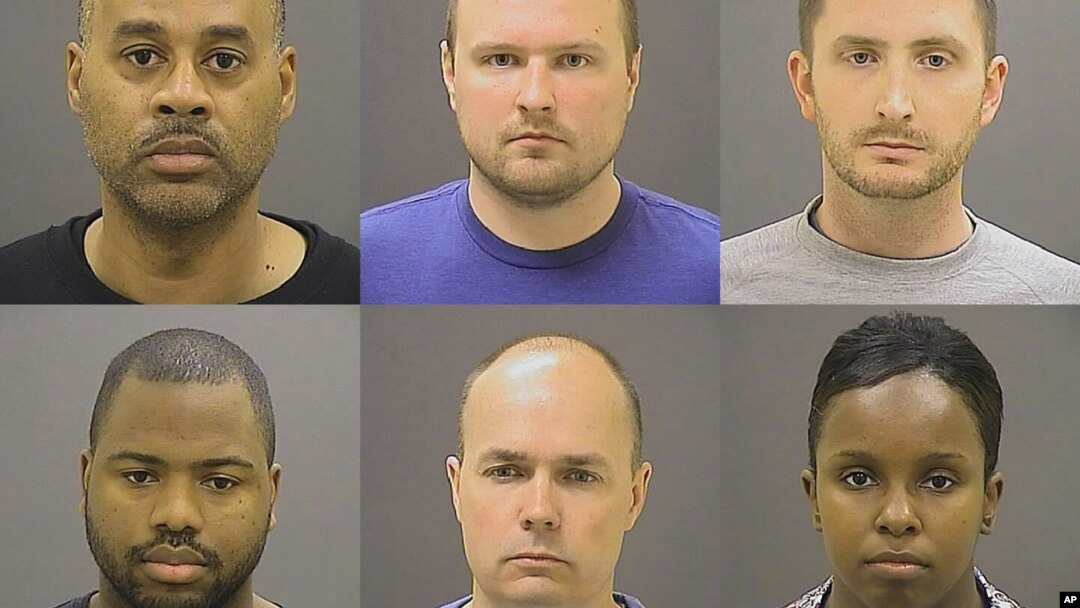 Baltimore police officers charged in Freddie Gray's death, top row from left, Caesar Goodson Jr., Garrett Miller and Edward Nero, and bottom row from left, William Porter, Brian Rice and Alicia White.