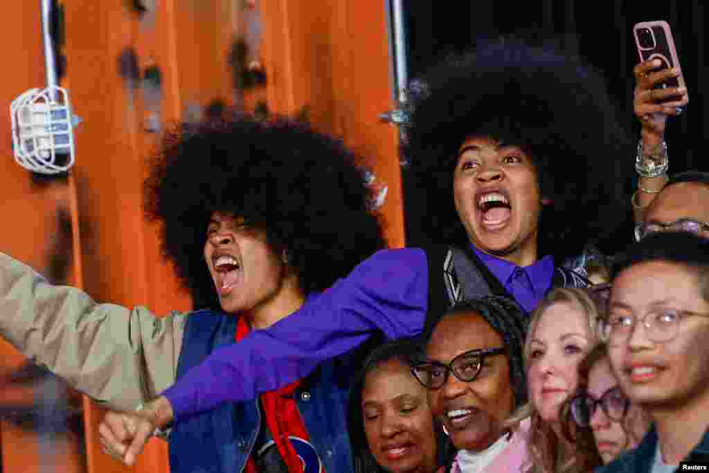 Supporters of the Democratic presidential nominee and Vice President Kamala Harris react during the Harris-Walz campaign community event at The Alan Horwitz "Sixth Man" Center as she campaigns in Philadelphia, Pennsylvania, Oct. 27, 2024.