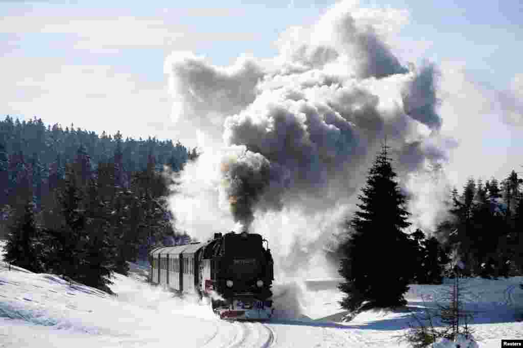 A steam train of the Harzer Schmalspurbahn (Harz narrow gauge train) makes its way towards the Brocken mountain near Schierke, Germany.