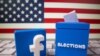 FILE - A 3D-printed elections box and Facebook logo are placed on a keyboard in front of U.S. flag in this illustration taken Oct. 6, 2020.