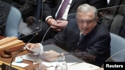 El presidente de México, Andrés Manuel López Obrador, habla ante el Consejo de Seguridad de la ONU en Nueva York, EE. UU., el 9 de noviembre de 2021.