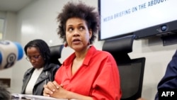 Tanzanian journalist and human rights activist Maria Sarungi Tsehai (C) speaks during a press conference in Nairobi, Kenya, Jan. 13, 2025. Tsehai said she was certain the Tanzanian government was behind her abduction the day before.