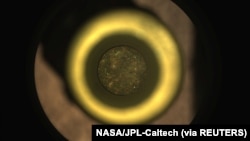 Sampel batuan Mars pertama dari Perseverance terlihat di dalam tabung kontainer titaniumnya dalam gambar yang diambil oleh Sampling and Caching System Camera. (Foto: NASA/JPL-Caltech via REUTERS)