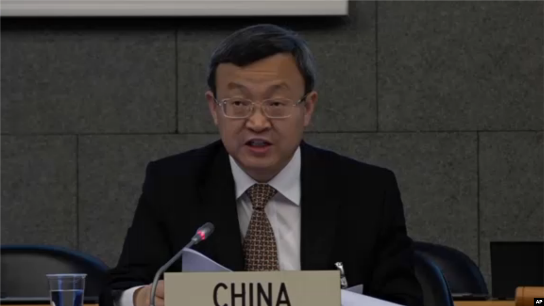 中国商务部副部长王受文2018年7月11日在世贸组织会上发言（美联社）