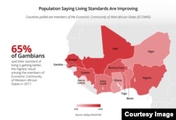 Gallup World Poll assessed perceptions of living standards in some member nations of the Economic Community of West African States. The deeper the coloring, the greater the belief that conditions are improving.