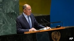 Russian Foreign Minister Sergey Lavrov addresses the 79th session of the United Nations General Assembly in New York, Sept. 28, 2024.