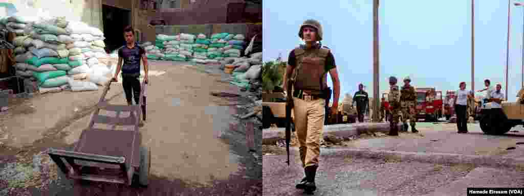 Left: &quot;In few month I&rsquo;m going to join the military. I&rsquo;m working as a lifter so I can make enough money before attending my service because the salary will not be enough,&quot; Ahmed Mahmoud, 18, told VOA. Right: Soldiers at a military check point in Giza, Egypt.