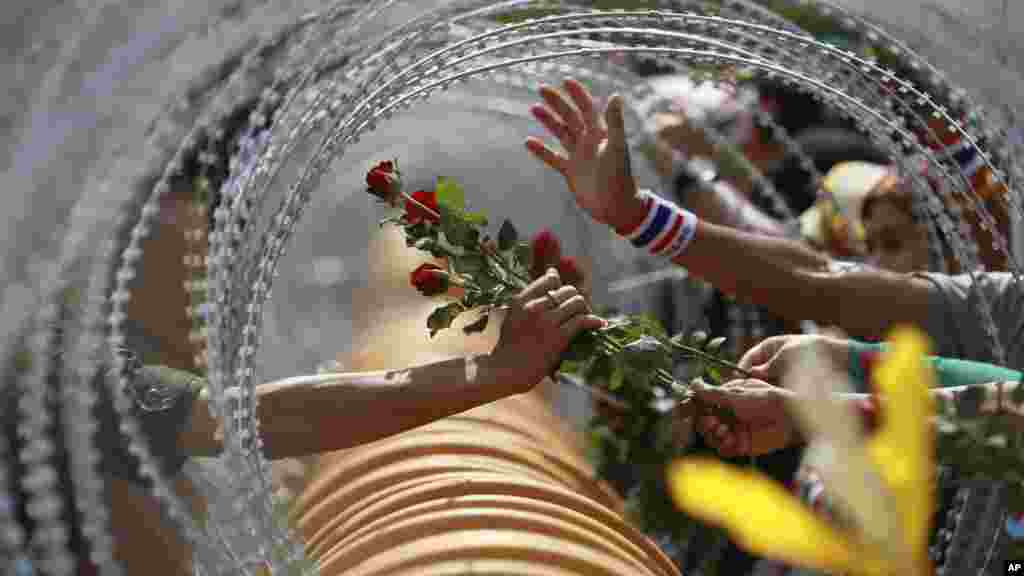 An anti-government protester gives a rose to a Thai soldier at the Defense Ministry during a rally in Bangkok, Nov. 28, 2013. 