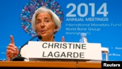 International Monetary Fund Managing Director Christine Lagarde speaks during a news conference at the IMF-World Bank annual meetings in Washington, Oct. 9, 2014.
