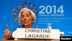 9일 미국 수도 워싱턴에서 열리는 국제통화기금 IMF와 세계은행 연례 회의에서 라가르드 총재가 발언하고 있다.
