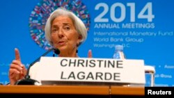 FILE: International Monetary Fund Managing Director Christine Lagarde speaks during a news conference at the IMF-World Bank annual meetings in Washington, Oct. 9, 2014.