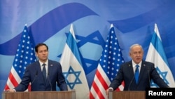 Marco Rubio, secretário de Estado ameircano, e Benjamin Netanyahu, primeiro-ministro israelita, Jerusalém, 16 fevereiro 2025