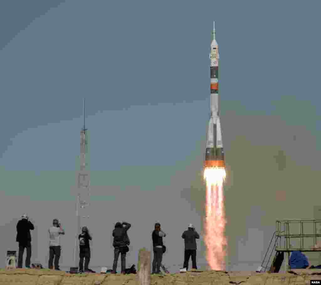 The Soyuz MS-10 spacecraft is launched with Expedition 57 Flight Engineer Nick Hague of NASA and Flight Engineer Alexey Ovchinin of Roscosmos at the Baikonur Cosmodrome in Kazakhstan.