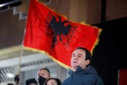 Vetevendosje (Self-determination) party leader Albin Kurti speaks during a news conference after preliminary results in Pristina, Kosovo, Feb. 14, 2021.