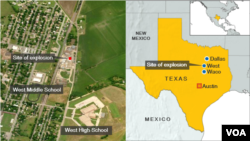 Wilayah kota kecil West di Texas, lokasi terjadinya ledakan pabrik pupuk, Rabu malam (17/4). (Foto: peta wilayah West, Texas).
