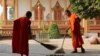 Young monks spend time cleaning up during the day at Chumpouvaon pagoda, in Oudong district, Kandal province, on April 5, 2020. (Phorn Bopha/VOA) 