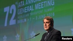 FILE - Alexandre de Juniac, CEO of Air France-KLM speaks after he is appointed as the new Director General of IATA at the 2016 International Air Transport Association (IATA) Annual General Meeting (AGM) and World Air Transport Summit in Dublin, Ireland June 3, 2016.