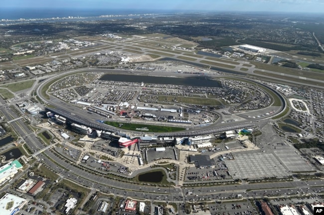 Daytona International Speedway is viewed the Goodyear Blimp, Wednesday, Feb. 12, 2025, in Daytona Beach, Fla. (AP Photo/Mark Long)
