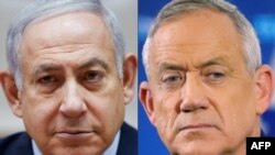 FILE - This combination of file pictures shows Israeli Prime Minister Benjamin Netanyahu at his office in Jerusalem, Dec. 9, 2018, and retired Israeli general Benny Gantz at a press conference in Tel Aviv, April 1, 2019.