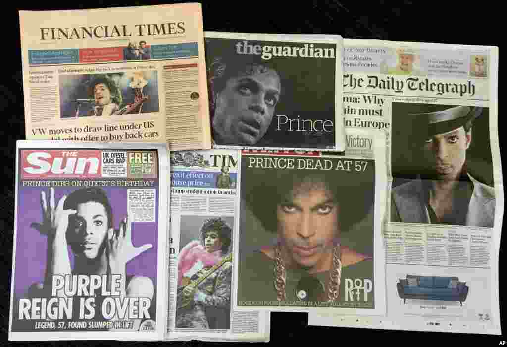 British national newspapers&#39; front pages leading with the story about the death of U.S. musician Prince are displayed, April 22, 2016.