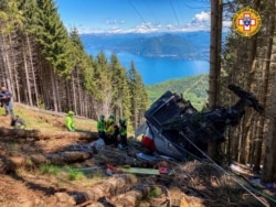 A crashed cable car is seen after it collapsed in Stresa, near Lake Maggiore, Italy, May 23, 2021. (Alpine Rescue Service/Handout)