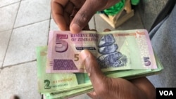 FILE: A man in Harare holds bondnotes issued by Reserve Bank of Zimbabwe, Oct. 15, 2018. The introduction of bond notes - a currency Zimbabwe started printing two years ago to ease the situation -- has not helped. (C.Mavhunga/VOA)