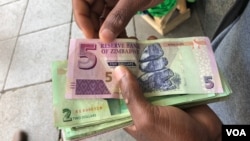A man in Harare holds bondnotes issued by Reserve Bank of Zimbabwe, Oct. 15, 2018. The introduction of bond notes - a currency Zimbabwe started printing two years ago to ease the situation -- has not helped. (C.Mavhunga/VOA)