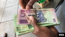 A man in Harare holds bondnotes issued by Reserve Bank of Zimbabwe, Oct. 15, 2018. The introduction of bond notes - a currency Zimbabwe started printing two years ago to ease the situation -- has not helped. (C.Mavhunga/VOA)